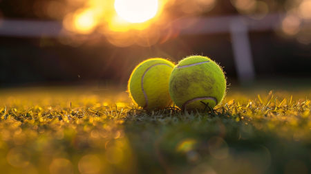 Теннисный мяч лежит на корте с покрытием из газона